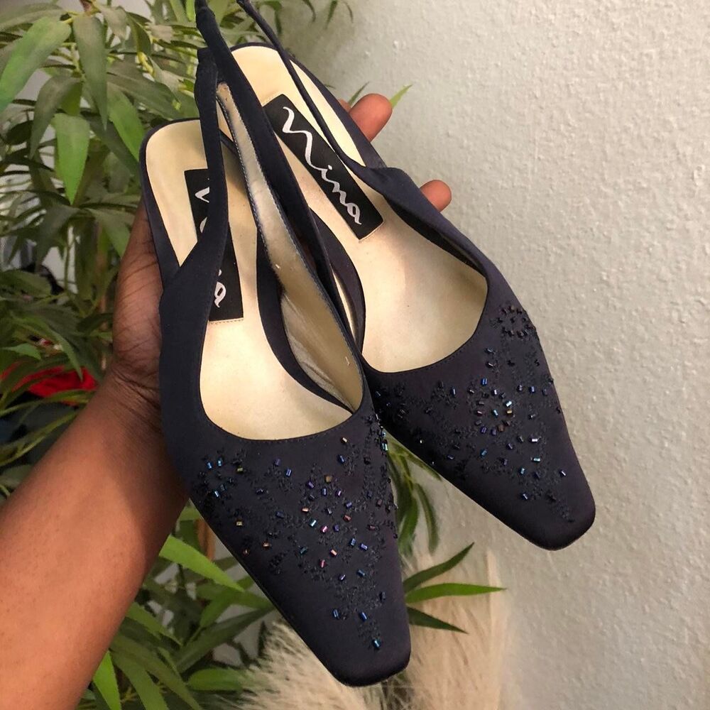 Coquette Fairy Dark Navy Blue pumps slingback mules pointed square toe heels - Picture 6 of 8